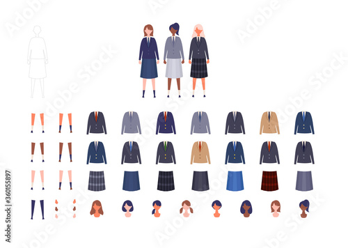 Group of students uniform from high and middle school. Vector illustration of girls in uniform of different colors.