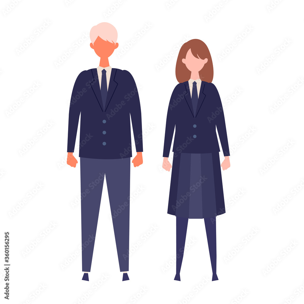 A couple of vector students from high and middle school. Vector illustration of boy and girl in uniform of same color. A couple of vector students from high and middle school. Vector illustration of boy and girl in uniform of same color.