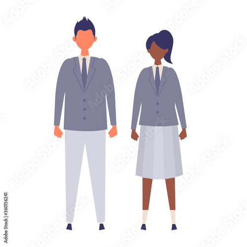 A couple of vector students from high and middle school. Vector illustration of boy and girl in uniform of same color.