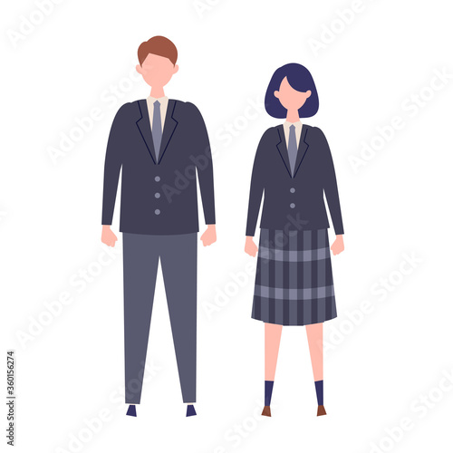 A couple of vector students from high and middle school. Vector illustration of boy and girl in uniform of same color.