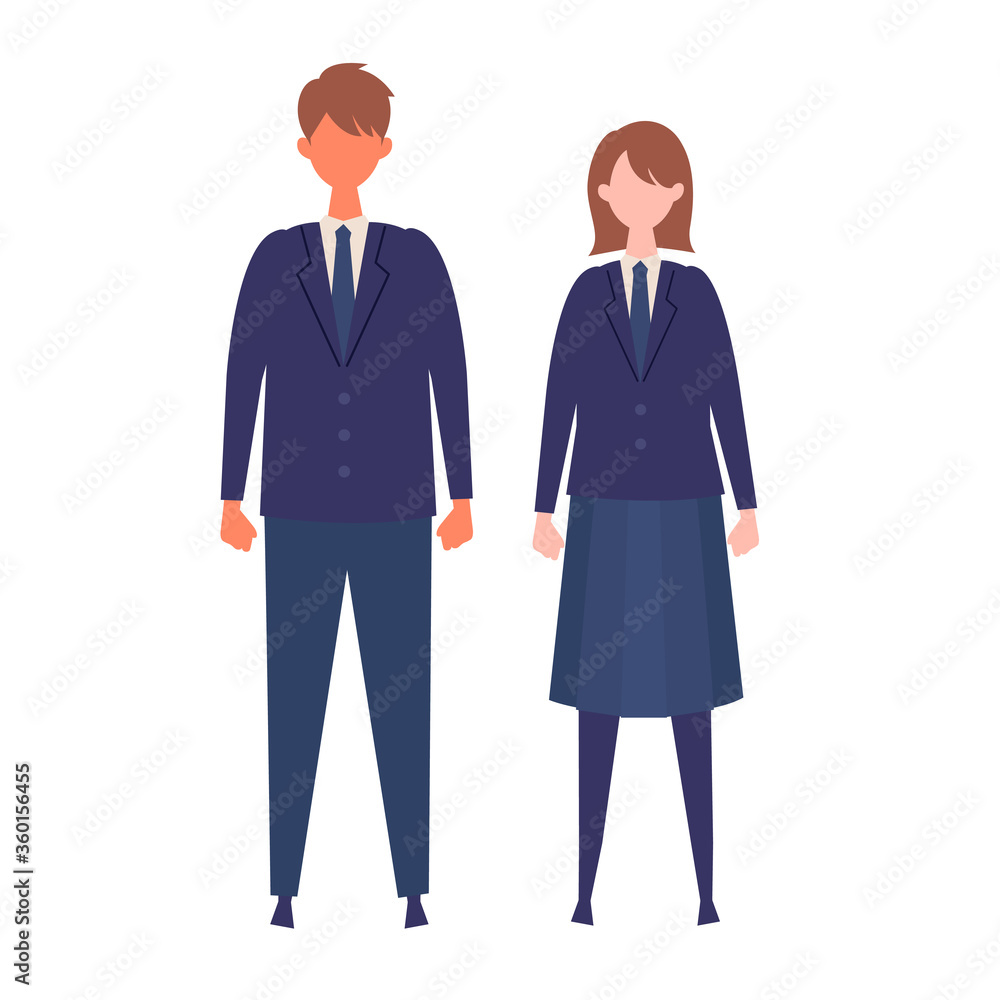 A couple of vector students from high and middle school. Vector illustration of boy and girl in uniform of same color. A couple of vector students from high and middle school. Vector illustration of boy and girl in uniform of same color.
