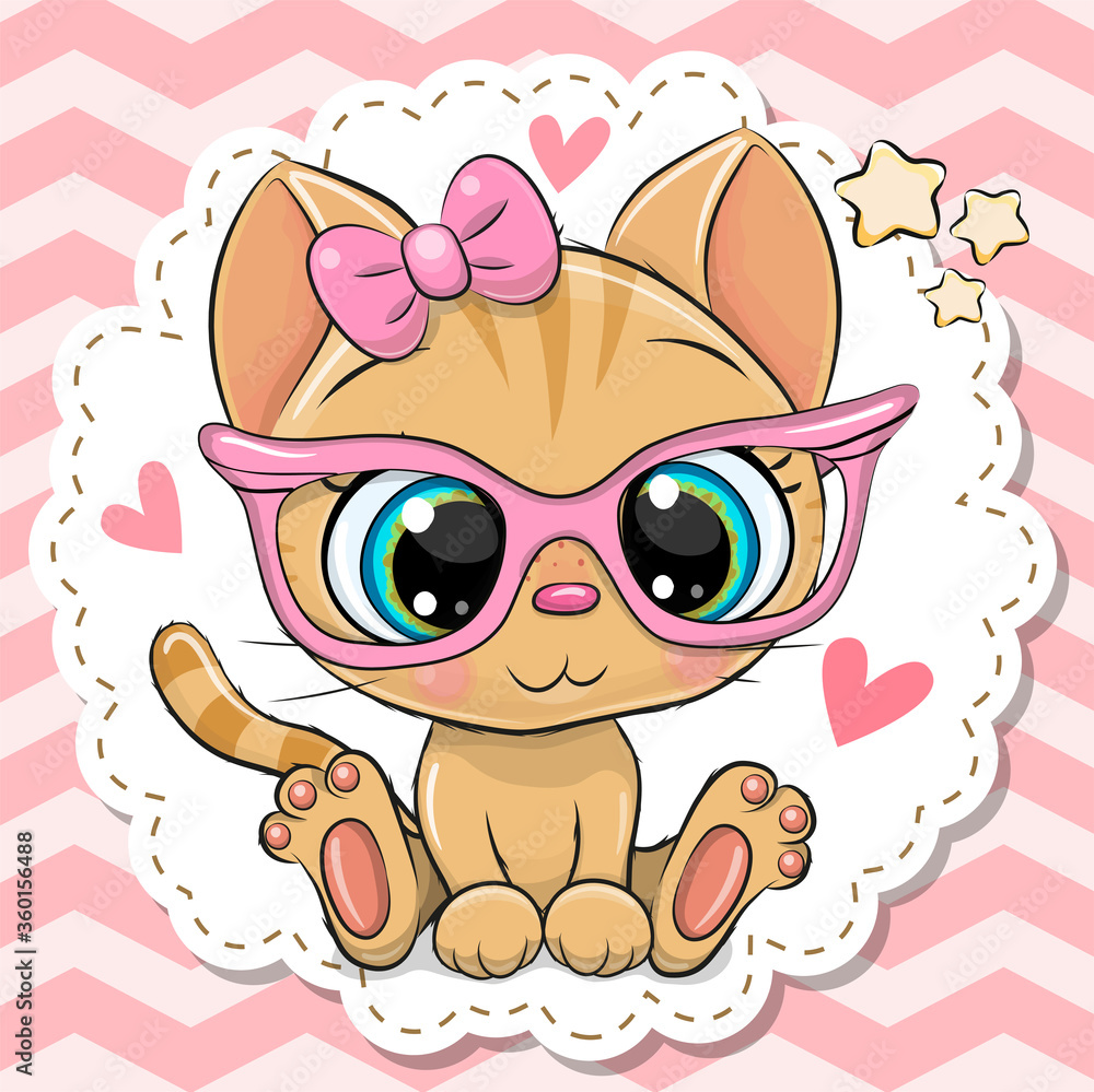 Naklejka premium Cartoon orange Kitten girl in pink eyeglasses with a bow