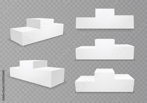 Pedestal for winners with empty steps. Podium for an award ceremony, stand for contest winners and champions. 3d platform isolated on a transparent background. Vector illustration.