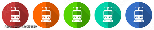 Train icon set, red, blue, green and orange flat design web buttons isolated on white background, vector illustration