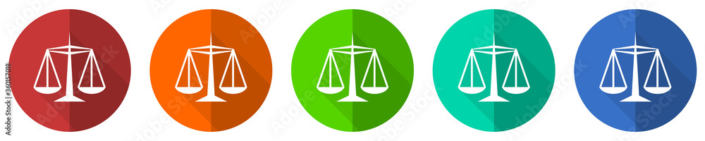 Justice icon set, red, blue, green and orange flat design web buttons isolated on white background, vector illustration Justice icon set, red, blue, green and orange flat design web buttons isolated on white background, vector illustration