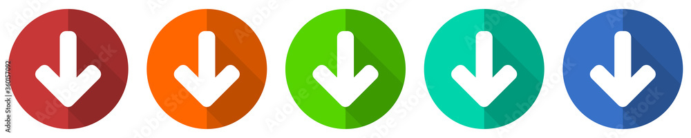 Down arrow icon set, download, red, blue, green and orange flat design web buttons isolated on white background, vector illustration Down arrow icon set, download, red, blue, green and orange flat design web buttons isolated on white background, vector illustration