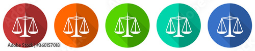 Justice icon set, red, blue, green and orange flat design web buttons isolated on white background, vector illustration