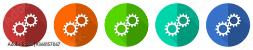Gear icon set, cogwheel, red, blue, green and orange flat design web buttons isolated on white background, vector illustration