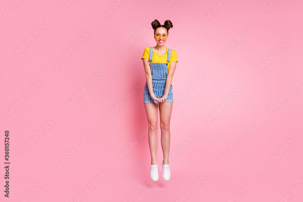 Full length body size view of her she nice attractive pretty lovely modest shy slim fit cheerful cheery brown-haired girl long legs jumping up isolated on pink pastel color background Full length body size view of her she nice attractive pretty lovely modest shy slim fit cheerful cheery brown-haired girl long legs jumping up isolated on pink pastel color background