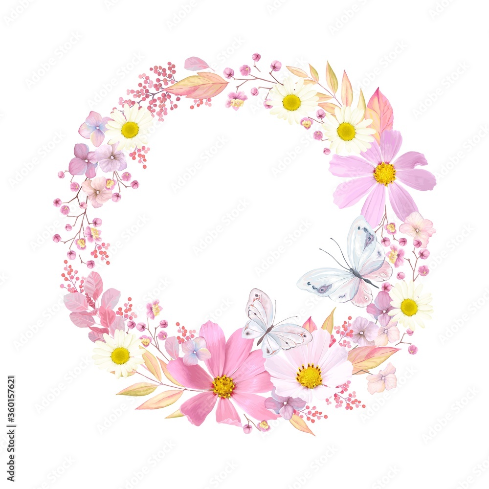 Wreath with flowers cosmos, chamomiles and butterflies. Vector romantic frame, illustration in vintage watercolor style.