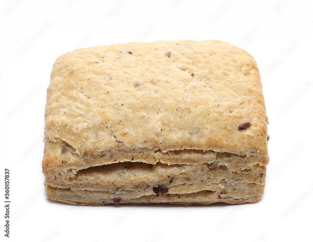 Buckwheat breakfast pastry with linseed, linen seeds isolated on white background Buckwheat breakfast pastry with linseed, linen seeds isolated on white background