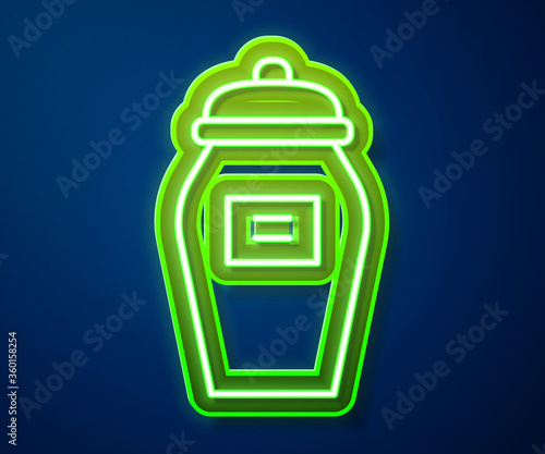 Glowing neon line Funeral urn icon isolated on blue background. Cremation and burial containers, columbarium vases, jars and pots with ashes. Vector.