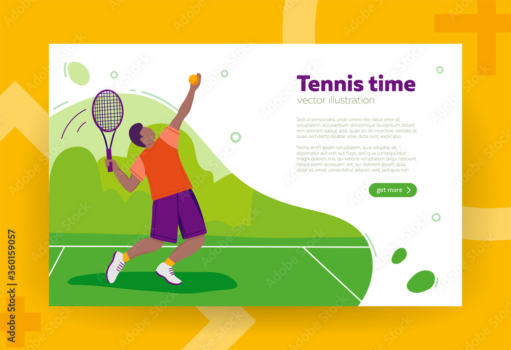 Fototapeta premium Tennis player with tennis racket, flat style vector illustration. Banner, site, poster template with copy text space. Sport concept.