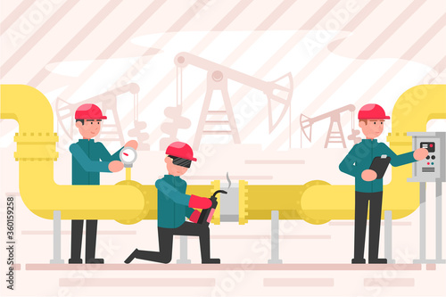 Industry, work, maintenance concept. Team of young men operators characters working on rig plant controlling gas fuel trasportation by pipeline. Oil technological industrial production illustration.