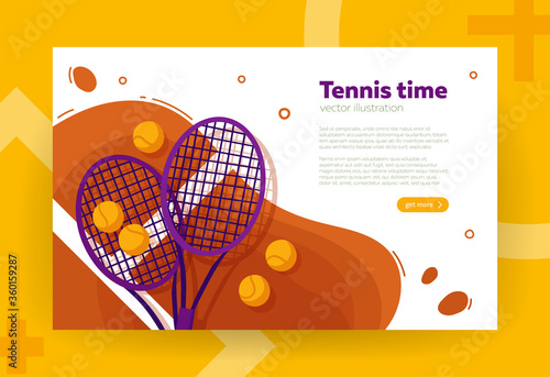 Tennis rackets and balls on the court, flat style vector illustration. Banner, site, poster template with copy text space. Sport concept.