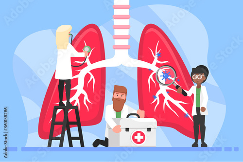 Medicine, healthcare, examination, desease, pulmonology concept. Team of doctors men women examinating lungs. Respiratory system treatment and internal organ inspection check for illness or problems.