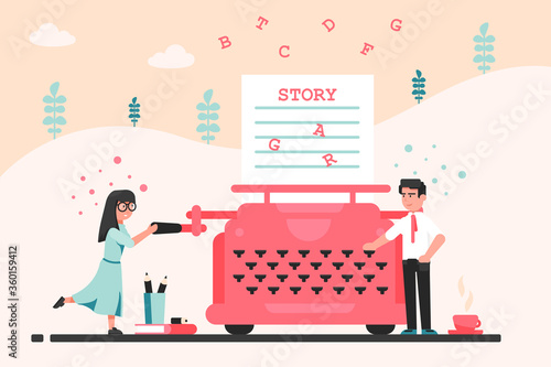 Narration, writing, story, literature concept. Young man and woman writers authors typing narrative text novels together. Storytelling book development and creative idea imagination illustration.