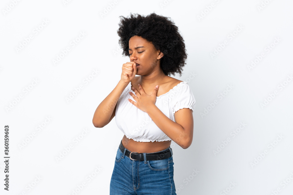 Young African American woman isolated on white background coughing a lot Young African American woman isolated on white background coughing a lot
