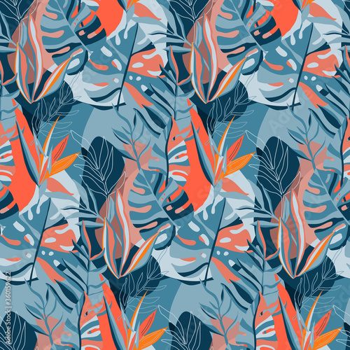 Vector trendy creative summer seamless patterns with floral exotic tropical elements, palm leaves