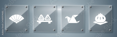 Set Khinkali on cutting board, Origami bird, Sushi on cutting board and Paper chinese or japanese folding fan. Square glass panels. Vector.