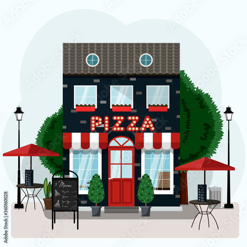 Facade of a pizza restaurant with outdoor tables and home delivery. Vector illustration of a pizzeria with a red and white canopy, Billboard and potted plants. Nice building of an Italian restaurant