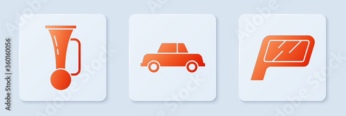 Set Car, Signal horn on vehicle and Car mirror. White square button. Vector.