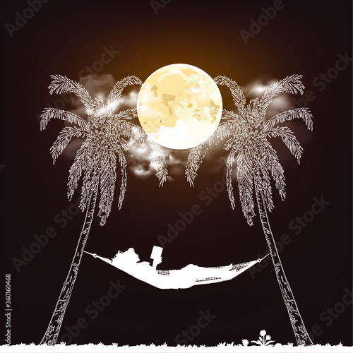 Stunning full moon nigh time cloudy sky with white Silhouetted woman reading relaxing in a hammock