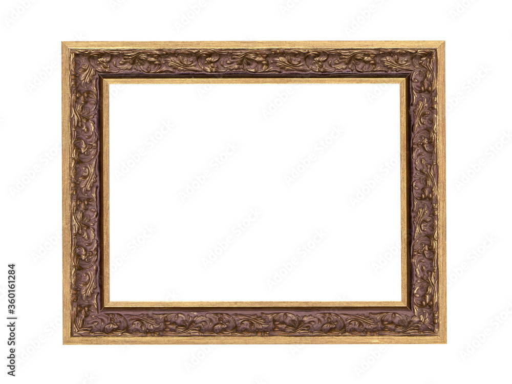 Wooden frame for paintings with gold patina. Isolated on white Wooden frame for paintings with gold patina. Isolated on white