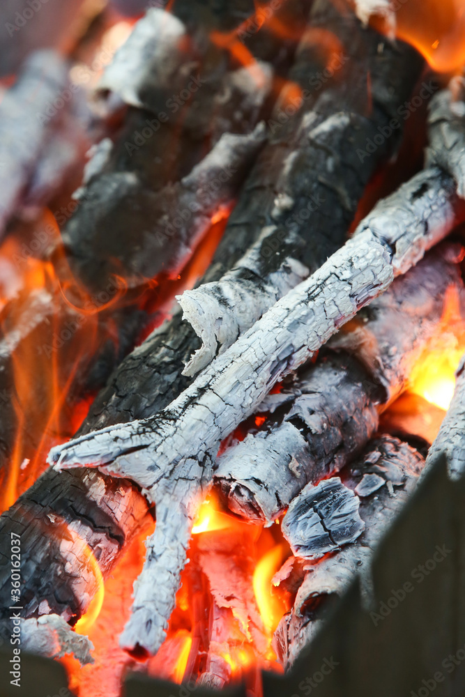 Fire with coals on a picnic . Preparing coals for cooking meat. Outdoor activities. 