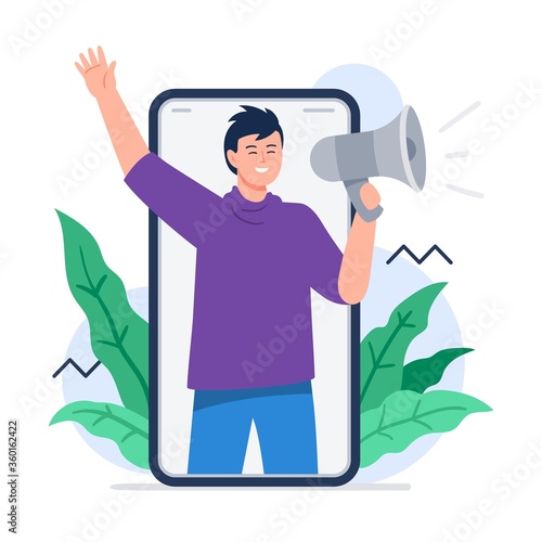 A man shouting megaphone. Refer a friend concept. Referal marketing. Trendy flat vector illustration for banners, landing page template, mobile app.