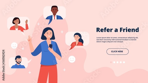 Refer a friend concept. A young woman holding a phone with a list of her friends contacts. Trendy flat vector illustration on pink background for banners, landing page template, mobile app.
