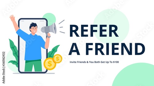 A man shouts into a megaphone to attract friends. Refer a friend or referral marketing concept. Social media marketing. Trendy flat vector illustration for banners, landing page template, mobile app.