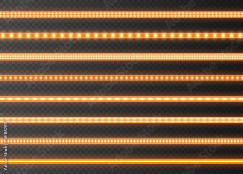 Orange LED strips collection, bright luminous ribbons isolated on a transparent background. Realistic neon lights, illuminated decoration tapes set. Vector illustration.