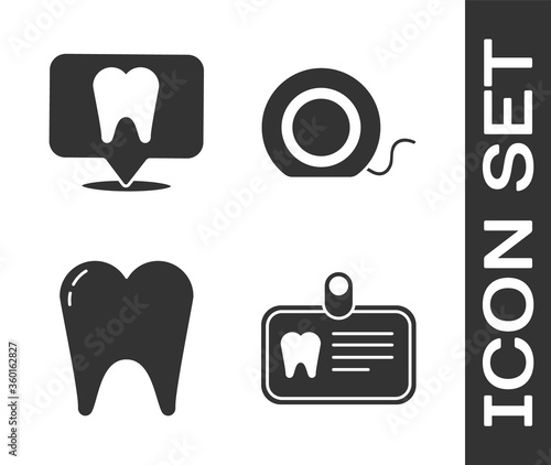 Set Id card with tooth, Dental clinic location, Tooth and Dental floss icon. Vector.