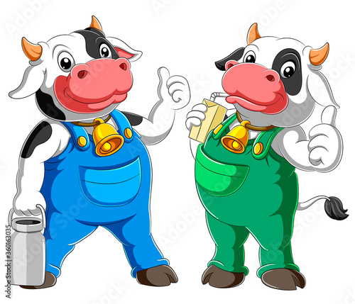 Two cow cartoon standing and drinking milk