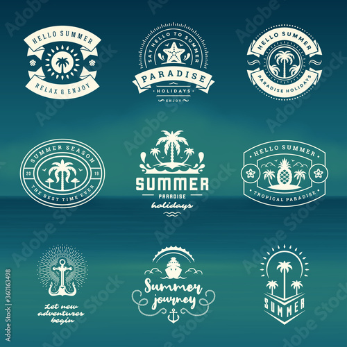 Summer holidays labels and badges retro typography design set.