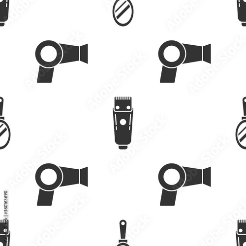 Set Hand mirror, Electrical hair clipper or shaver and Hair dryer on seamless pattern. Vector.