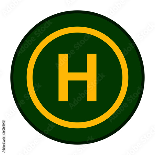 Drone landing pad in green and yellow color, isolated on a white background. High-visibility helipad icon and helideck symbol for remotely-operated multicopter aircraft and unmanned aerial vehicles.