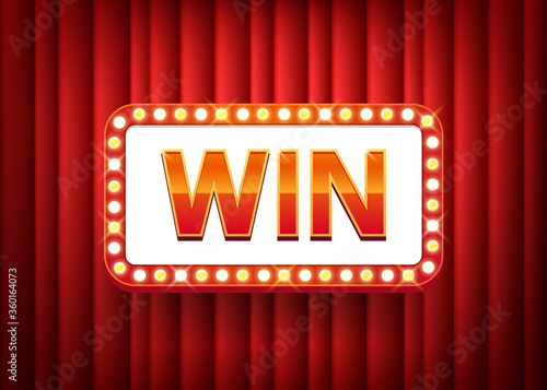 Win, text with electric bulbs frame on red curtain background. Vector illustration