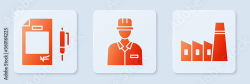 Set Oilman, Contract money and pen and Oil industrial factory building. White square button. Vector.