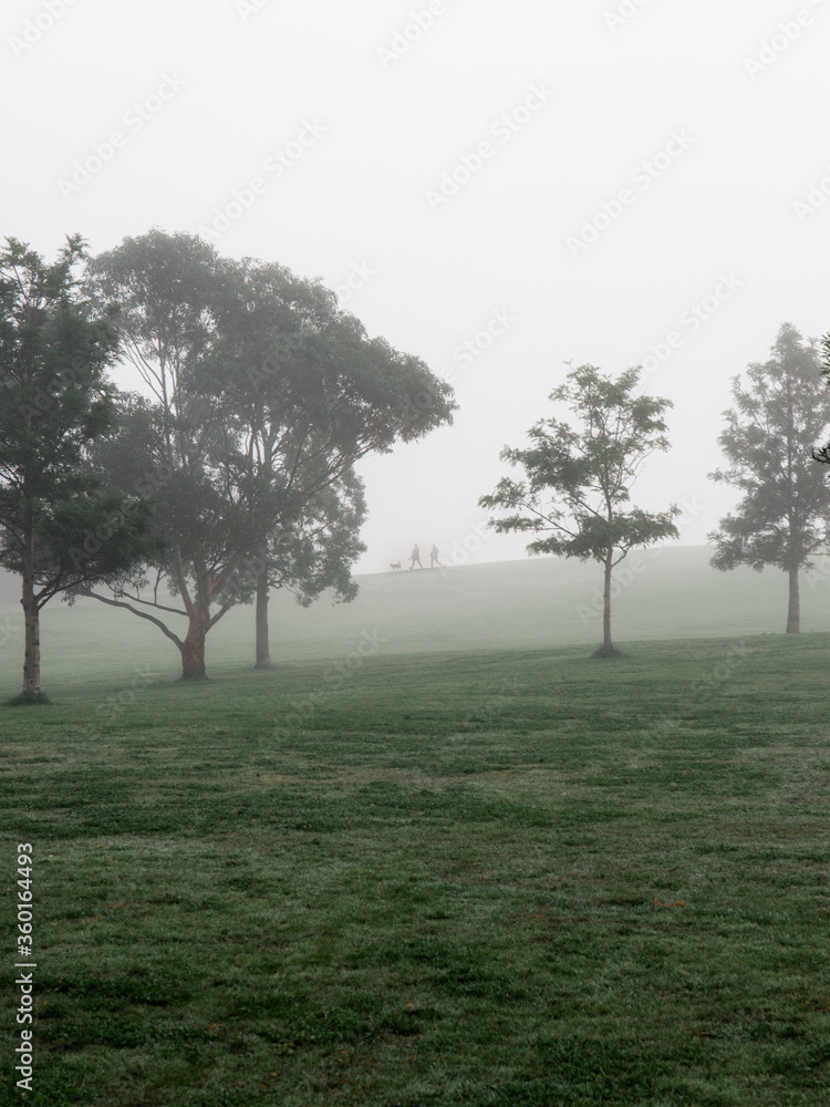 Foggy morning view around the hill with people in the distance. Foggy morning view around the hill with people in the distance.