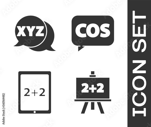 Set Chalkboard, XYZ Coordinate system, Tablet with calculator and Mathematics function cosine icon. Vector.