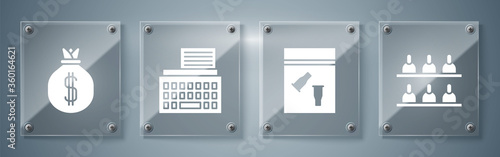 Set Jurors, Evidence bag and bullet, Retro typewriter and Money bag. Square glass panels. Vector.