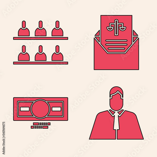 Set Lawyer, attorney, jurist, Jurors, Subpoena and Stacks paper money cash icon. Vector.