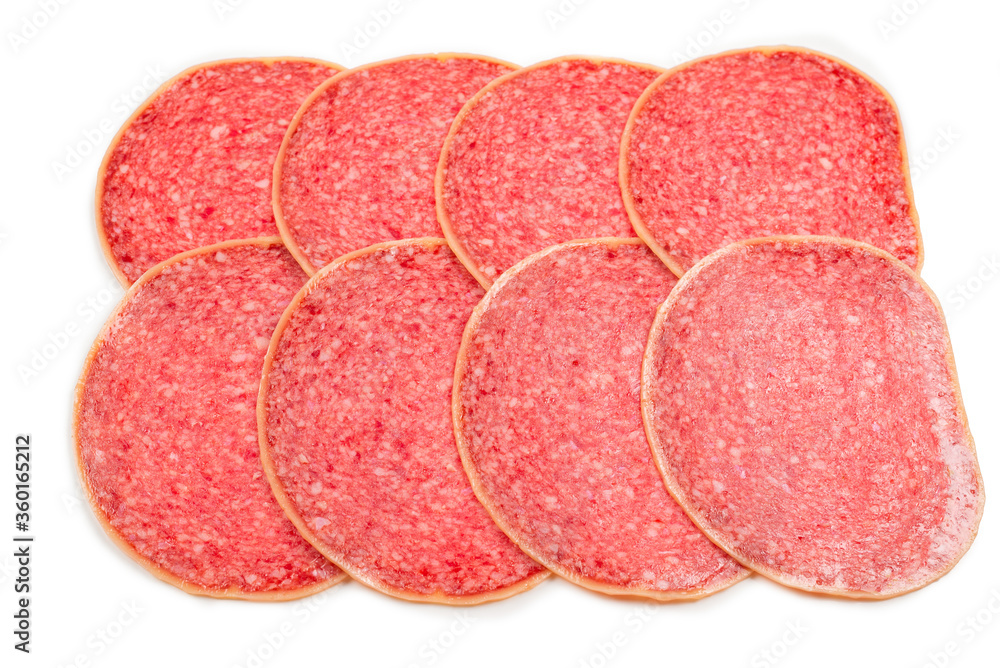 Tasty salami slices background. Tasty salami slices background.