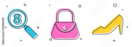Set Search 8 March, Handbag and Woman shoe icon. Vector.
