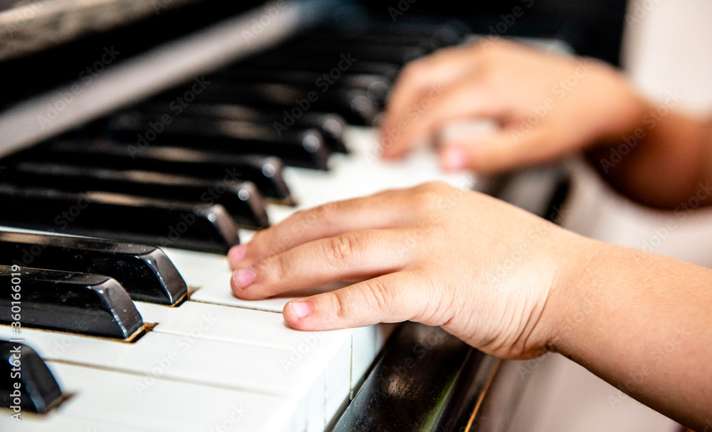 Fototapeta premium Close up of a little student's hands is playing, learning and practicing the piano. Piano chords In the key of C major. Music abilities for kids. Hobby and activity for the children. Selective focus.