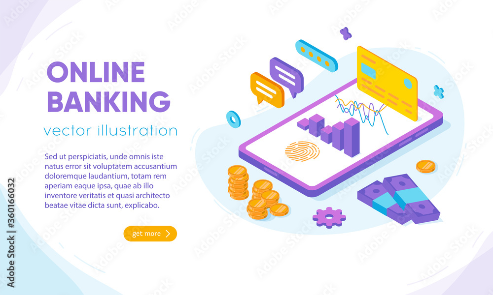 Online banking design concept, flat isometric vector illustration. Bright, colorful template for presentation, web, advertisement, banner.