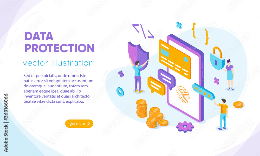 Fototapeta premium Data protection design concept, flat isometric vector illustration with characters. Bright, colorful template for presentation, web, advertisement, banner.