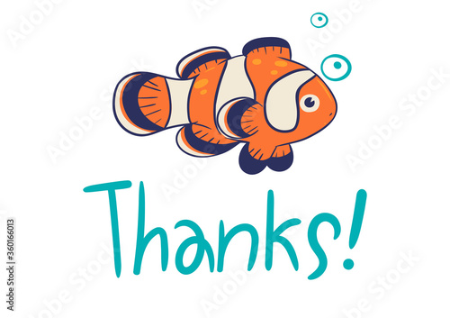 Greeting card with clown fish and the inscription thanks on a white background. Vector graphics.